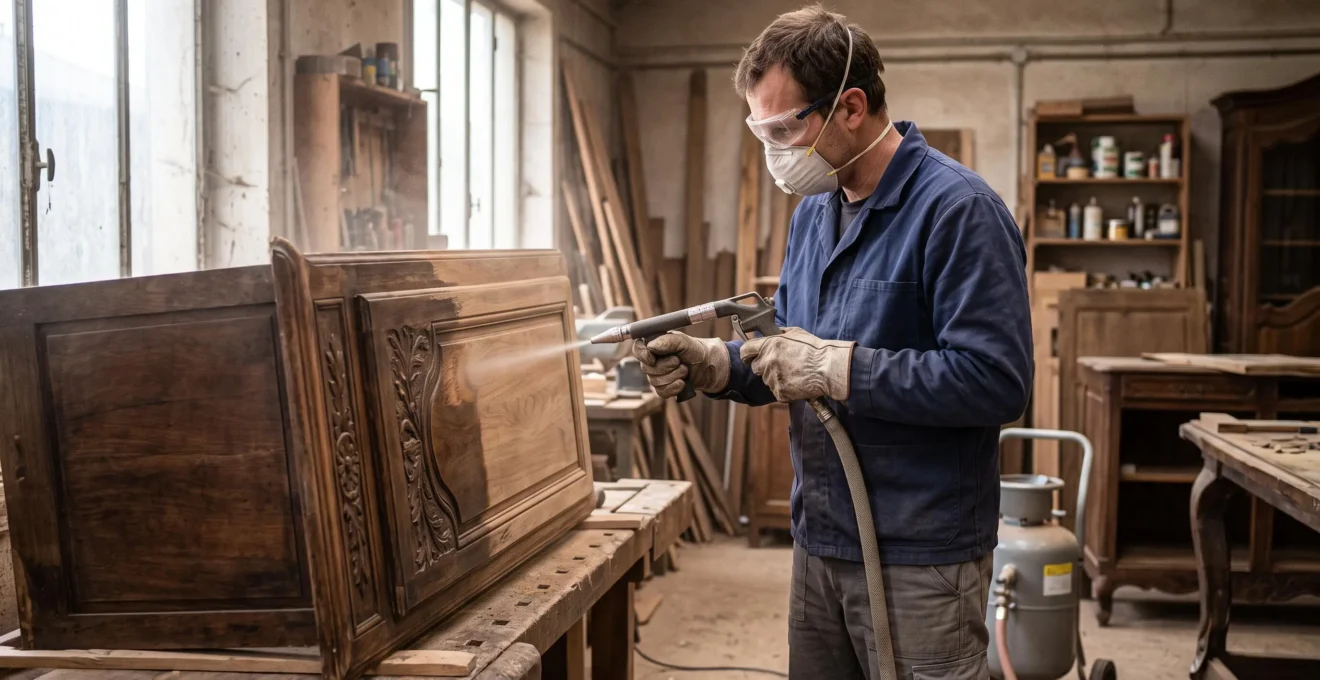Un artisan décape au jet doux le panneau d'un meuble ancien dans un atelier, une moitié déjà débarrassée de son ancien vernis.