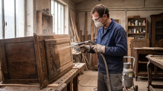 Un artisan décape au jet doux le panneau d'un meuble ancien dans un atelier, une moitié déjà débarrassée de son ancien vernis.