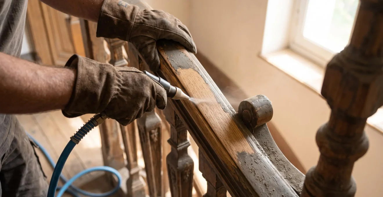 Gros plan sur la buse d'aérogommage traitant une rampe d'escalier ancien, révélant le bois sain à côté des zones encore encrassées.