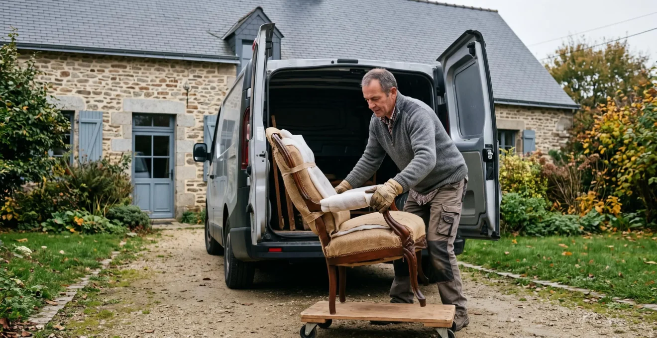 Un artisan prend en charge un fauteuil ancien à l'arrière de sa camionnette devant une maison en pierre, avant décapage en atelier.